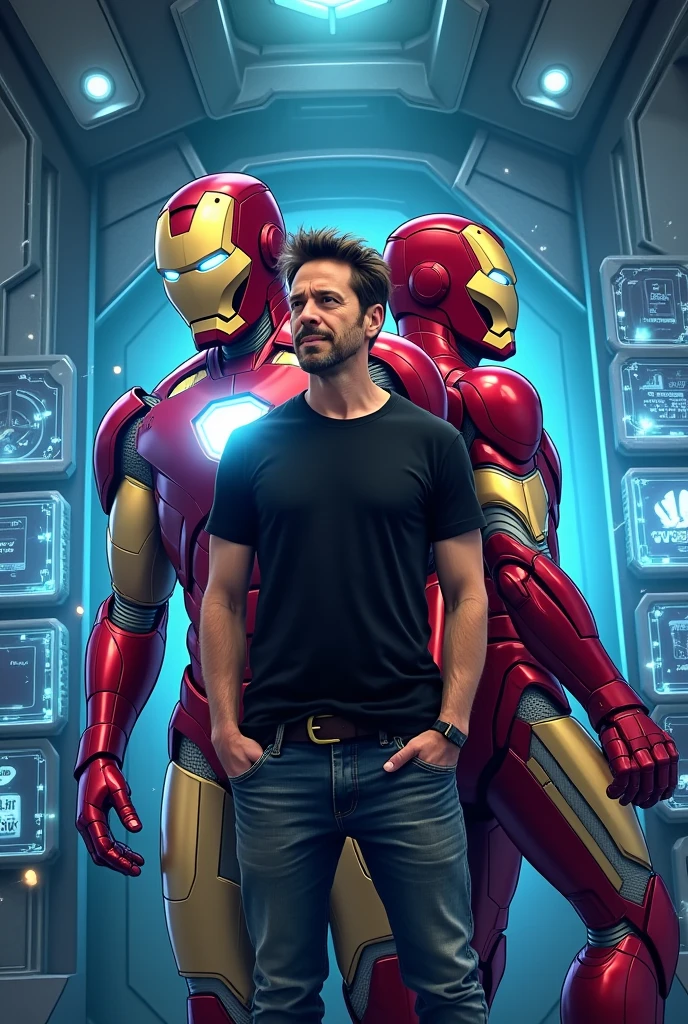 Tony Stark and Iron Man bumping backs