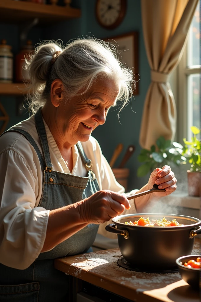 A grandmother who has the pose of a golum but adores a kitchen