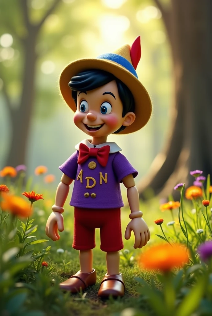 Pinocchio wearing a purple shirt with the initials 'A D N'