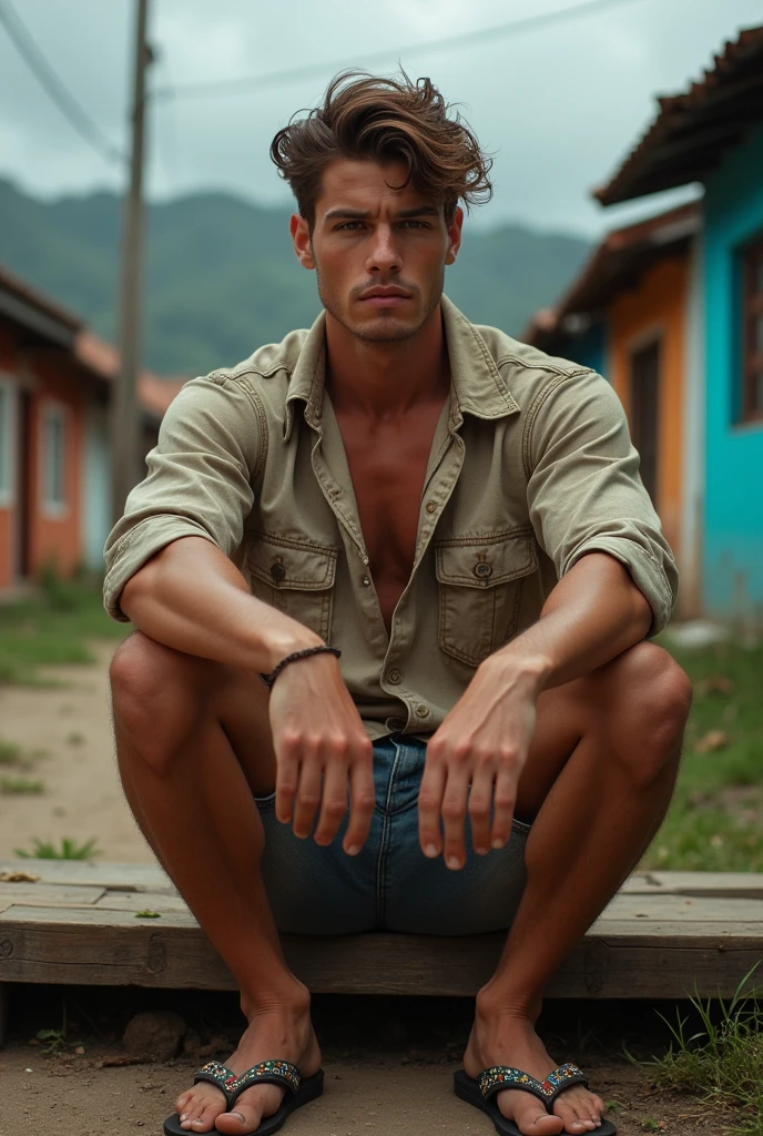 Man, beautiful, attractive face, hazel eyes, perfect jaw and chin, muscular, defined, attractive body , wearing a dirty, torn shirt , rebellious brown hair, sun-burnt , in the Brazilian favela , with houses from Brazil  , He's sitting on a wooden bench, He's wearing shorts with a large bulge in the front, He's wearing Havaianas flip-flops , dirty ugly favela , cloudy sky 