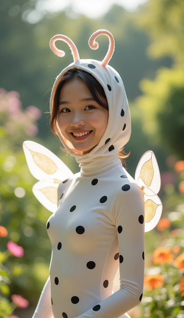 The beautiful asian adult girl with beautiful cheeks wears white beautiful butterfly lycra turtleneck unitard catsuit covered with a lot of black polkadots with a pair of wings.She wears lycra elastane dancewear hood that has long antennae.She is happy.
