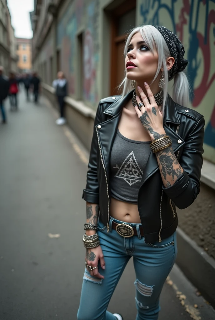 russian milf woman, biker gang member, grey hair, straight, middle part, bandana as headboard. , ery light blue eyes, extremely pale, heavy eye shadows. Very Thin. Sad face, smeared excessive make up and smeared lipstick Wearing black moto jacket, cropped t-shirt with pentacle witchy logo, skinny blue jeans and white tennis sneakers. Lots of metallic bracelets. Tacky leather belt with oversized, excessive silver buckle. Both hands touch her neck. Lots of rings. Wide loop earrings. Looks up like talking to God, mouth and eyes open.