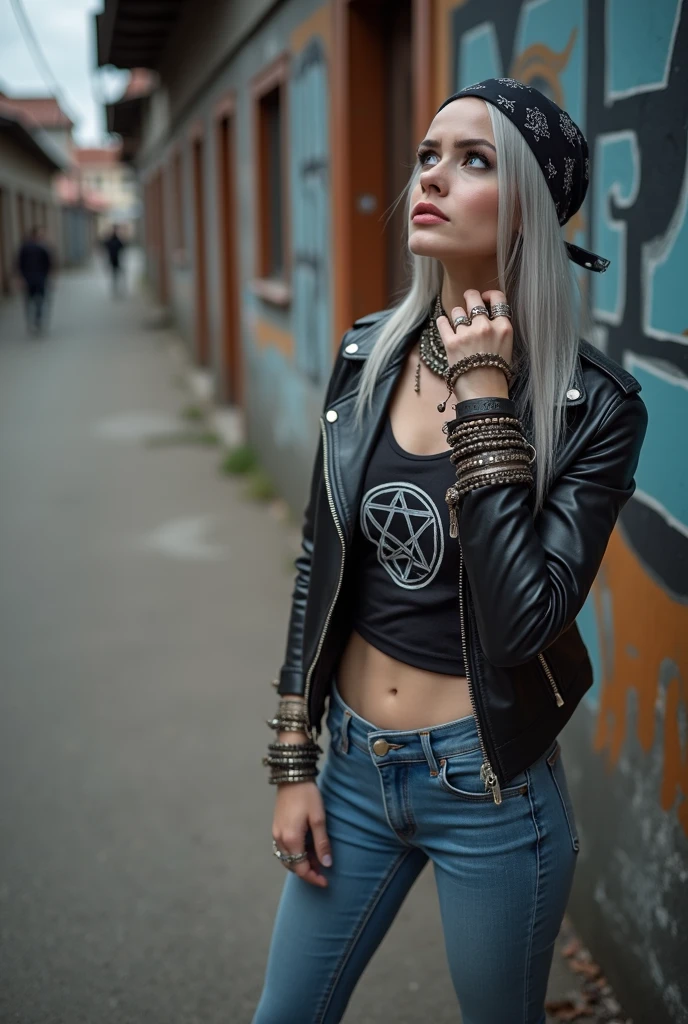russian milf woman, biker gang member, grey hair, straight, middle part, bandana as headboard. ,  ery light blue eyes, extremely pale, heavy eye shadows. Very Thin. Sad face, smeared excessive make up and smeared lipstick Wearing black moto jacket, cropped t-shirt with pentacle witchy logo, skinny blue jeans and white tennis sneakers. Lots of metallic bracelets. Tacky leather belt with oversized, excessive silver buckle. Both hands touch her neck. Lots of rings. Wide loop earrings. Looks up like talking to God, mouth and eyes open.