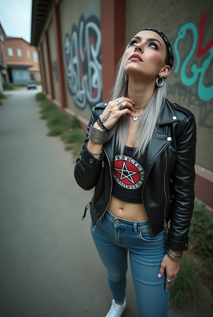 russian milf woman, biker gang member, grey hair, straight, middle part, bandana as headboard. , ery light blue eyes, extremely pale, heavy eye shadows. Very Thin. Sad face, smeared excessive make up and smeared lipstick Wearing black moto jacket, cropped t-shirt with pentacle witchy logo, skinny blue jeans and white tennis sneakers. Lots of metallic bracelets. Tacky leather belt with oversized, excessive silver buckle. Both hands touch her neck. Lots of rings. Wide loop earrings. Looks up like talking to God, mouth and eyes open.