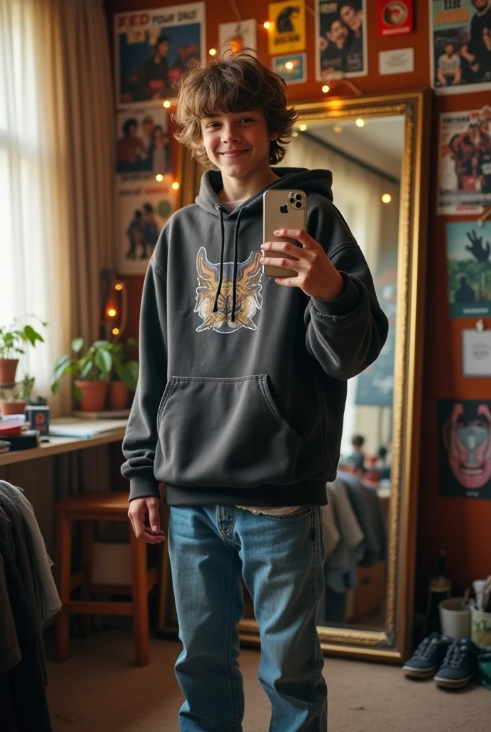 15 year old boy, in an oversized style and taking a photo in the mirror with an iphone