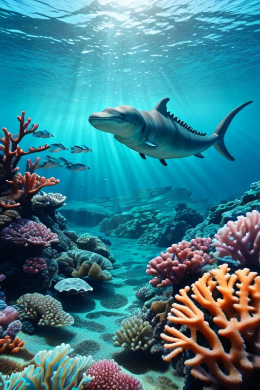 Plesiosaurus, Coral Reef, Underwater seascape, Crystal clear seawater, Sunlight sparkling on the waves, School of tropical fish, Vibrant marine life, Calm and tranquil underwater environment, Ultra-realistic, 8k, Realistic, Cinema Lighting, Stunning colors, masterpiece