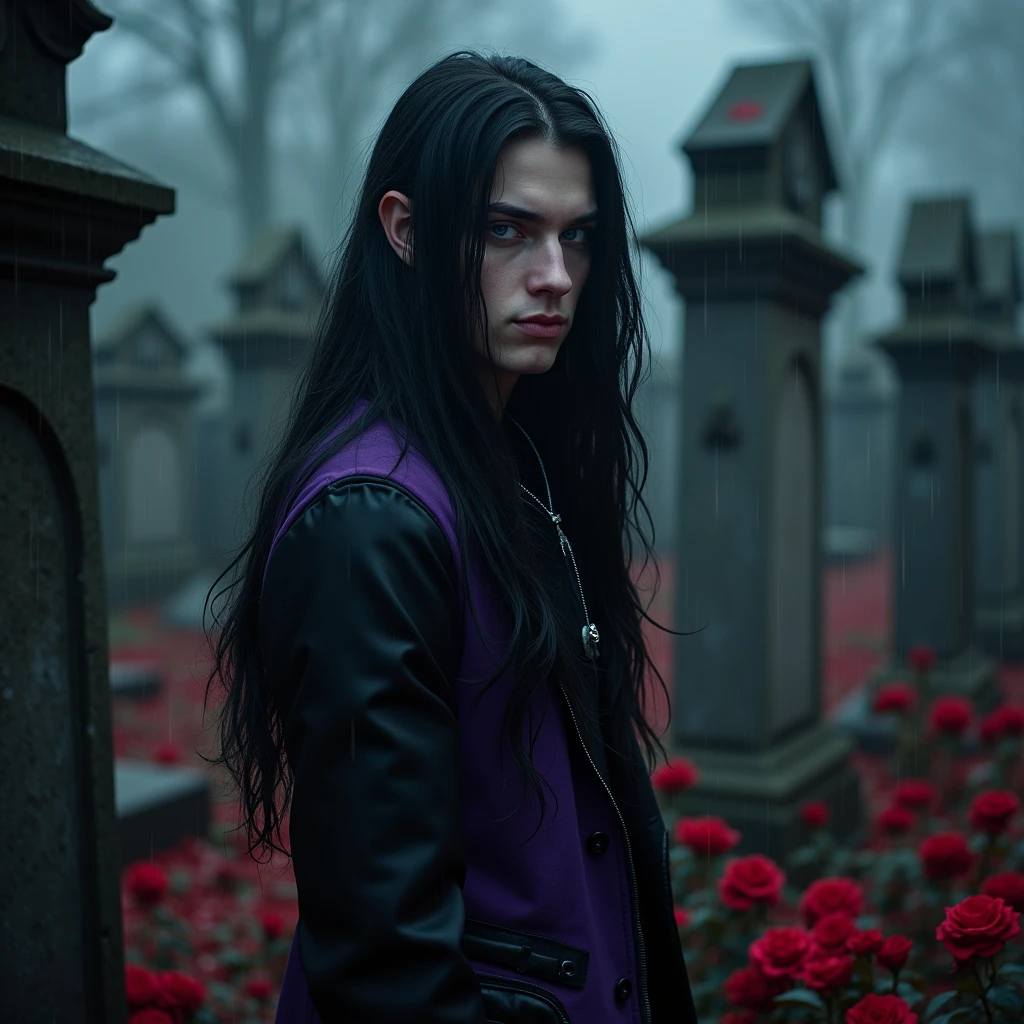 Male, 19-year-old, long black hair, teal blue eyes, young, gothic clothes. delicate features, no facial hair, no body hair, seductive, white and pale. Roses. Purple and black. Long eyelashes. No facial hair. Man. Male. Smirking. No body or facial hair. Young male. Male. Malicious. Blood. Scary atmosphere. Dark. In a graveyard. Raining blood.