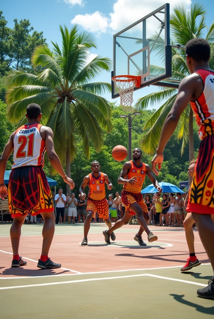 A double basketball court with papua new Guineans playing a country tournament at Rakepou