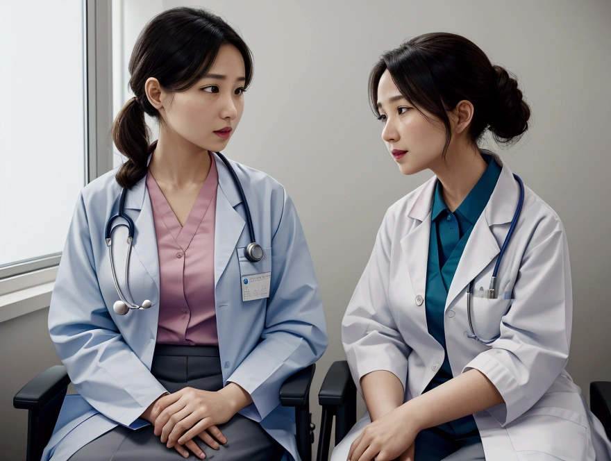 a doctor and a talking at the hospital, Her parents are behind watching the scene