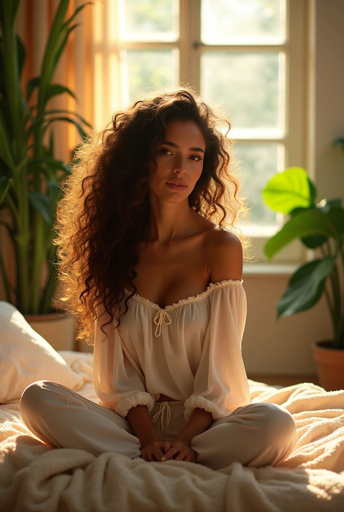 (photorealism:1.2), beautiful woman, sitting on bed, wearing loose off-shoulder top, pajama pants, long curly hair, indoors, soft lighting, plants in background, window with sunlight, cozy room, relaxed pose, realistic, intricate details, warm colors, by Greg Rutkowski, by Alphonse Mucha