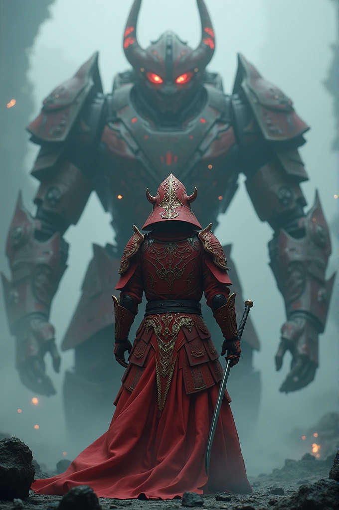 masterpiece,best quality,official art, extremely detailed CG unity 8k wallpaper,absurdres,8k resolution,dark_fantasy, ,(,samurai Mechanical armor red:1.1),1 person,Mechanical Wonder,exist,cybernetic guardians,
