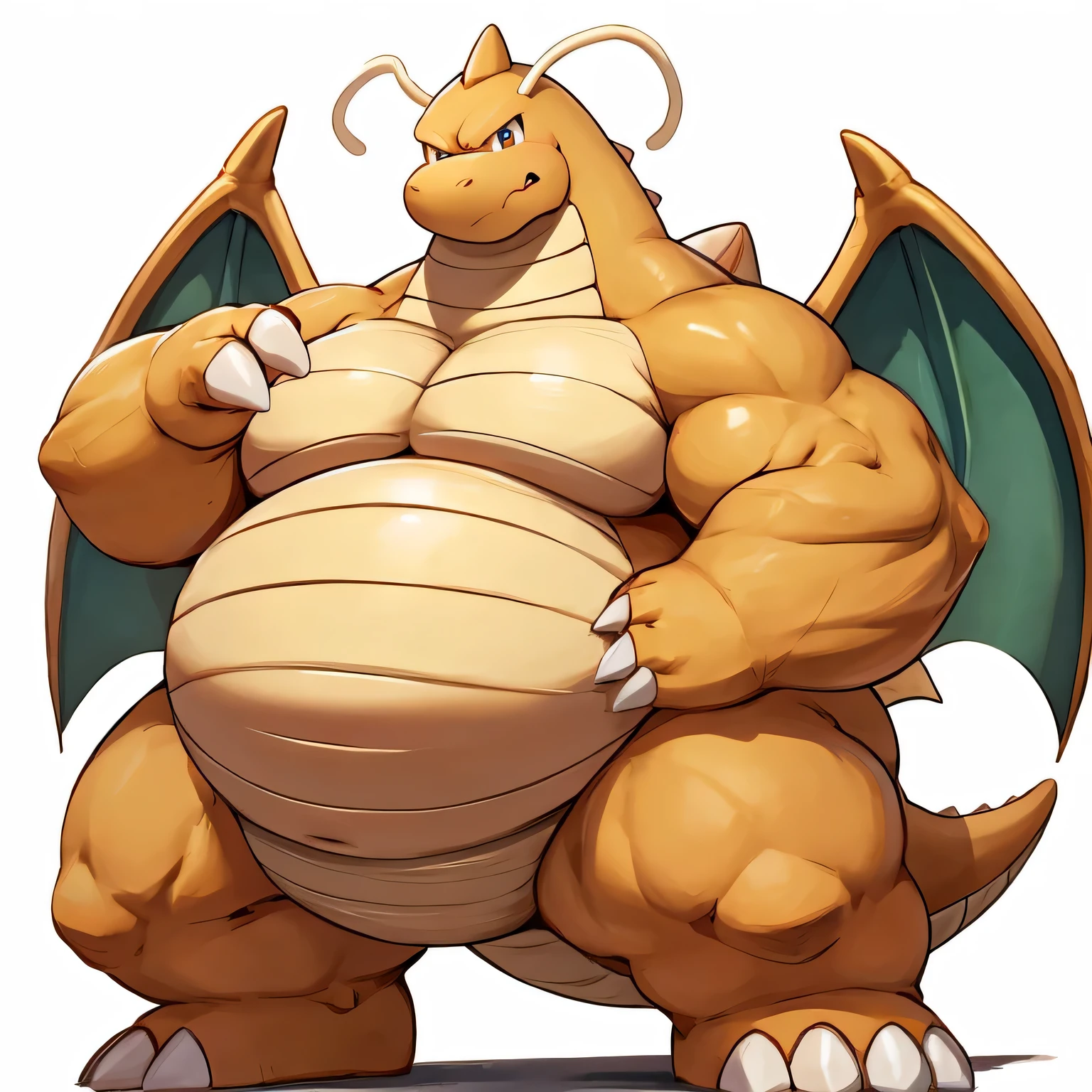 giant DRAGONITE pokemon,looking down on viewer,angry face, make his veins pop,heavy weight plump, fatty belly,bulky chest, large tigh,heavy weight lower body,glossy skin,full body standing, white background