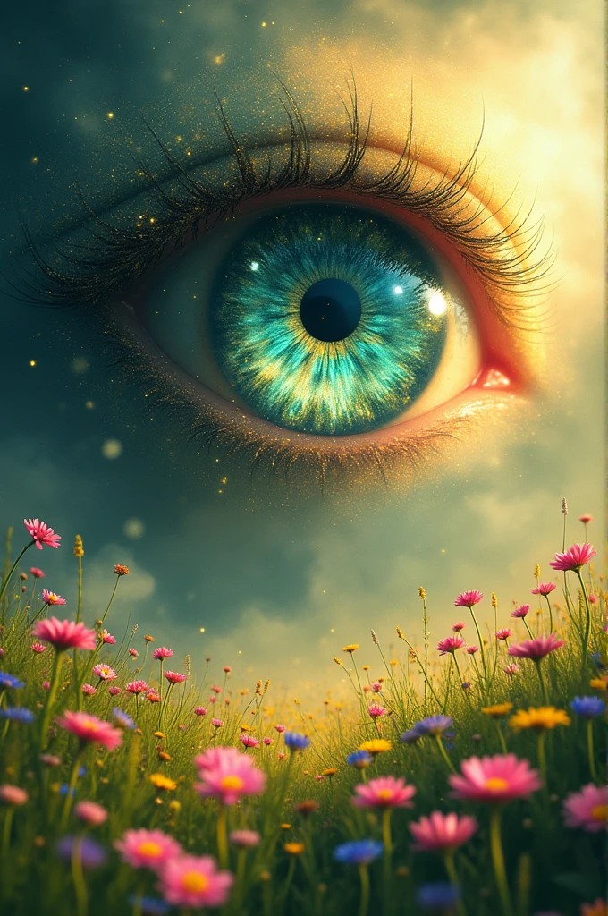 A spirit in the form of an eye, containing other eyes within it, looks at a in a meadow.