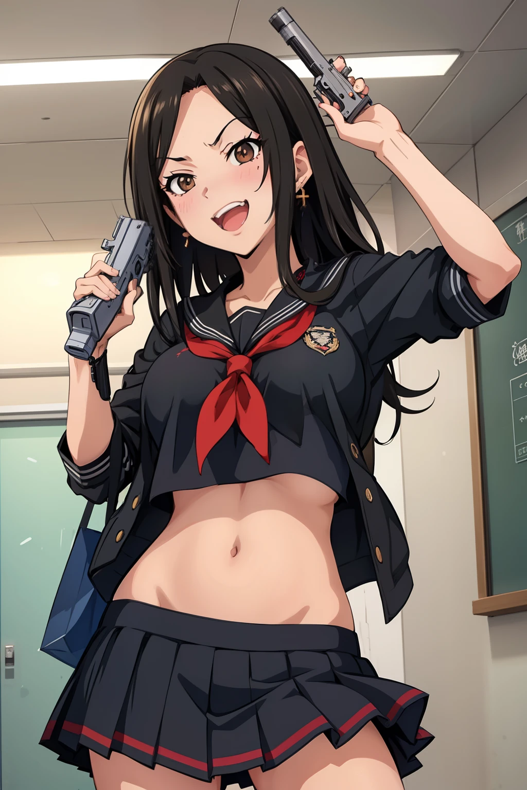 takumi, 1girl, black hair, long hair, brown eyes, large breasts, solo, mall, shopping center,indoors, blush, lipstick, jewelry, earrings, Hot girl, baddie, mean girl, sensual, attractive, masterpiece, best quality, highly detailed, a anime girls in sailor uniforms with a gun posing for a picture,
evil smile, smile, open mouth,black_serafuku, ecchi anime style, anime girls , (nsfw) not safe for work,
ecchi style, ecchi, shipgirls, digital anime art!!, high school girls, holding a gun, hold a gun, anime style 4
k, micro skirt, exposed belly, exposed navel, exposed midriff, holding pistol,underboob,
exposed lower belly,school, classroom, 