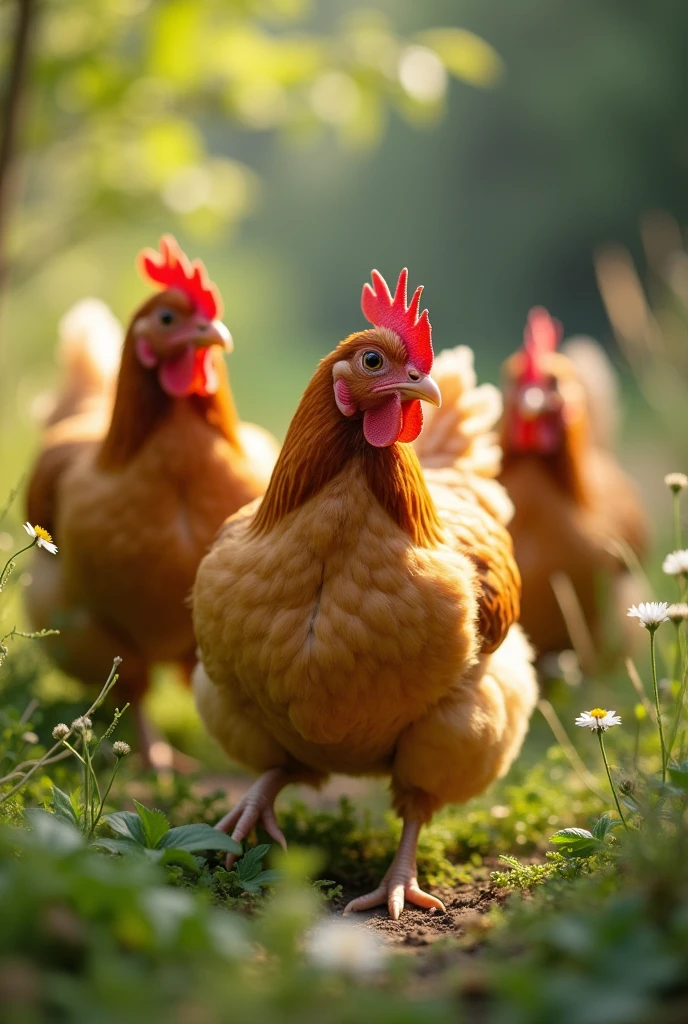 Chickens, reference image, consistency, natural environment, soft light, macro lens, clear details, warm tones, curious expressions, and fluffy texture.