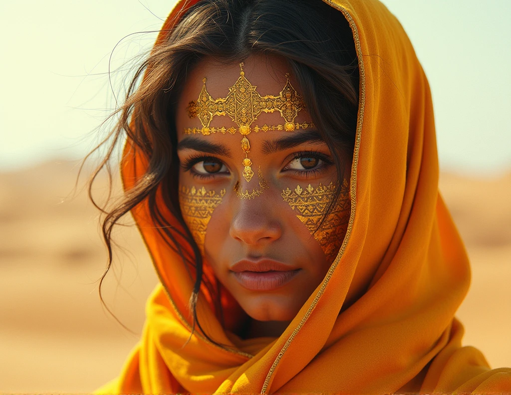 desert landscape, Close-up face, mysterious silhouette of beautiful Tuareg girl, Tuareg, 1girl, solo, gold cosmetic over face goddess, alluring, (oxygen-rich air and sheltered atmosphere,, aesthetic of hard - edge painting:0.1),(ingenious opus magnum by Michael Vincent Manalo and Elvira Vigna:1.2), (pastel oil painting:0.1)amazing depth, double exposure, surreal, geometric patterns, intricately detailed, bokeh, perfect balanced, deep fine borders, artistic photorealism , smooth, great masterwork by Suiras (brush strokes:0.6), high contrast, (paint drips:0.5), (dripping paint:0.6), (splatters:0.4), (dramatic:0.2)