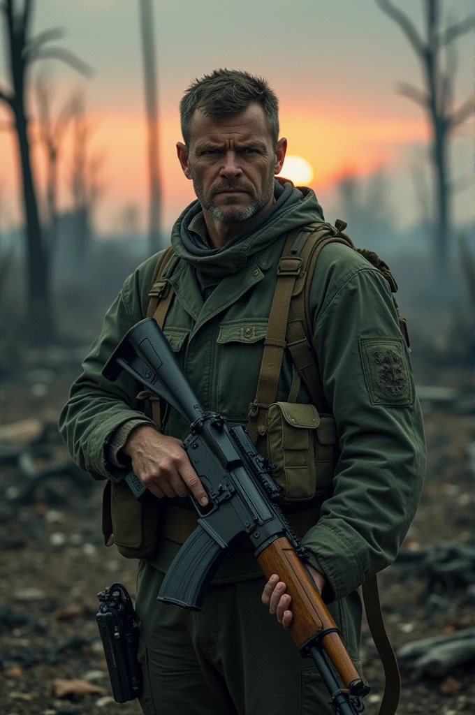 Soldier surviving a nuclear apocalypse with a rifle in the wilderness