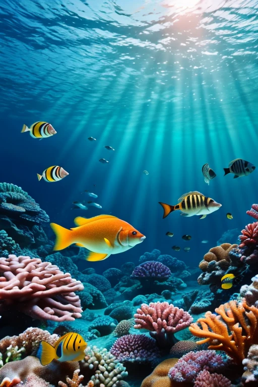dinosaur, Coral Reef, Underwater seascape, Crystal clear seawater, Sunlight sparkling on the waves, School of tropical fish, Vibrant marine life, Calm and tranquil underwater environment, Ultra-realistic, 8k, Realistic, Cinema Lighting, Stunning colors, masterpiece