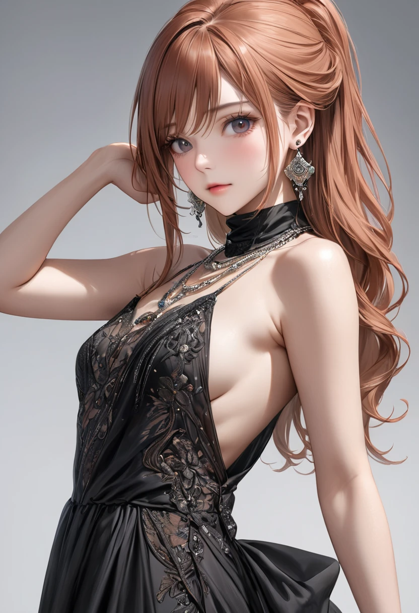 (masterpiece), (best quality medium shot), ultra realism, photorealistic, 1female, 30 year old mature woman, half-up half-down long straight copper-color hair, wearing black Haute_Couture designer dress with sleeve and turtleneck_style, necklace, earrings, small breast, detailed beautiful eyes, detailed gorgeous face, dynamic pose, intricate details,