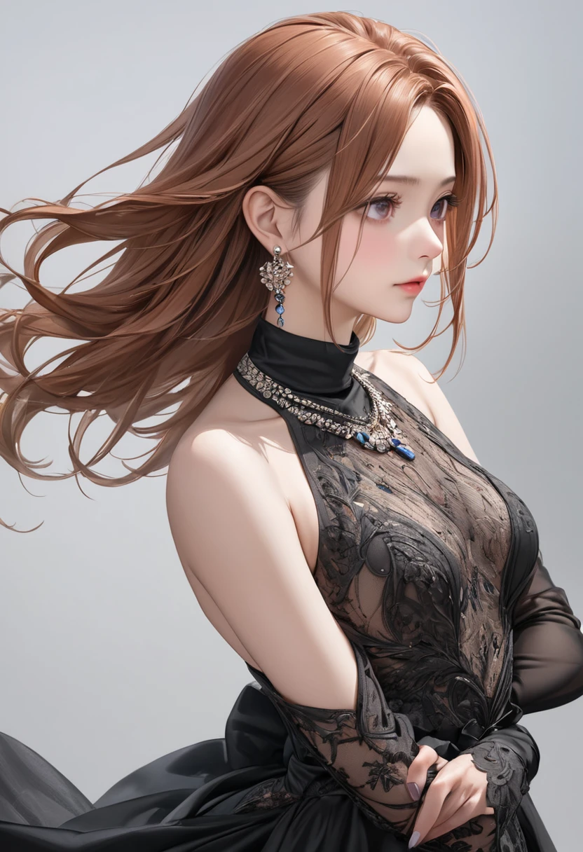 (masterpiece), (best quality medium shot), ultra realism, photorealistic, 1female, 30 year old mature woman, half-up half-down long straight copper-color hair, wearing black Haute_Couture designer dress with sleeve and turtleneck_style, necklace, earrings, small breast, detailed beautiful eyes, detailed gorgeous face, dynamic pose, intricate details,