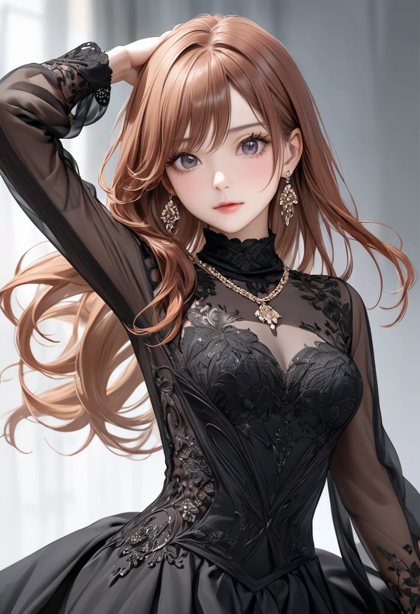 (masterpiece), (best quality medium shot), ultra realism, photorealistic, 1female, 30 year old mature woman, half-up half-down long straight copper-color hair, wearing black Haute_Couture designer dress with sleeve and turtleneck_style, necklace, earrings, small breast, detailed beautiful eyes, detailed gorgeous face, dynamic pose, intricate details,