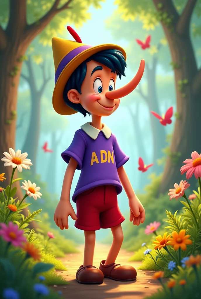 Pinocchio with the long nose wearing a purple shirt with the initials “A D N”