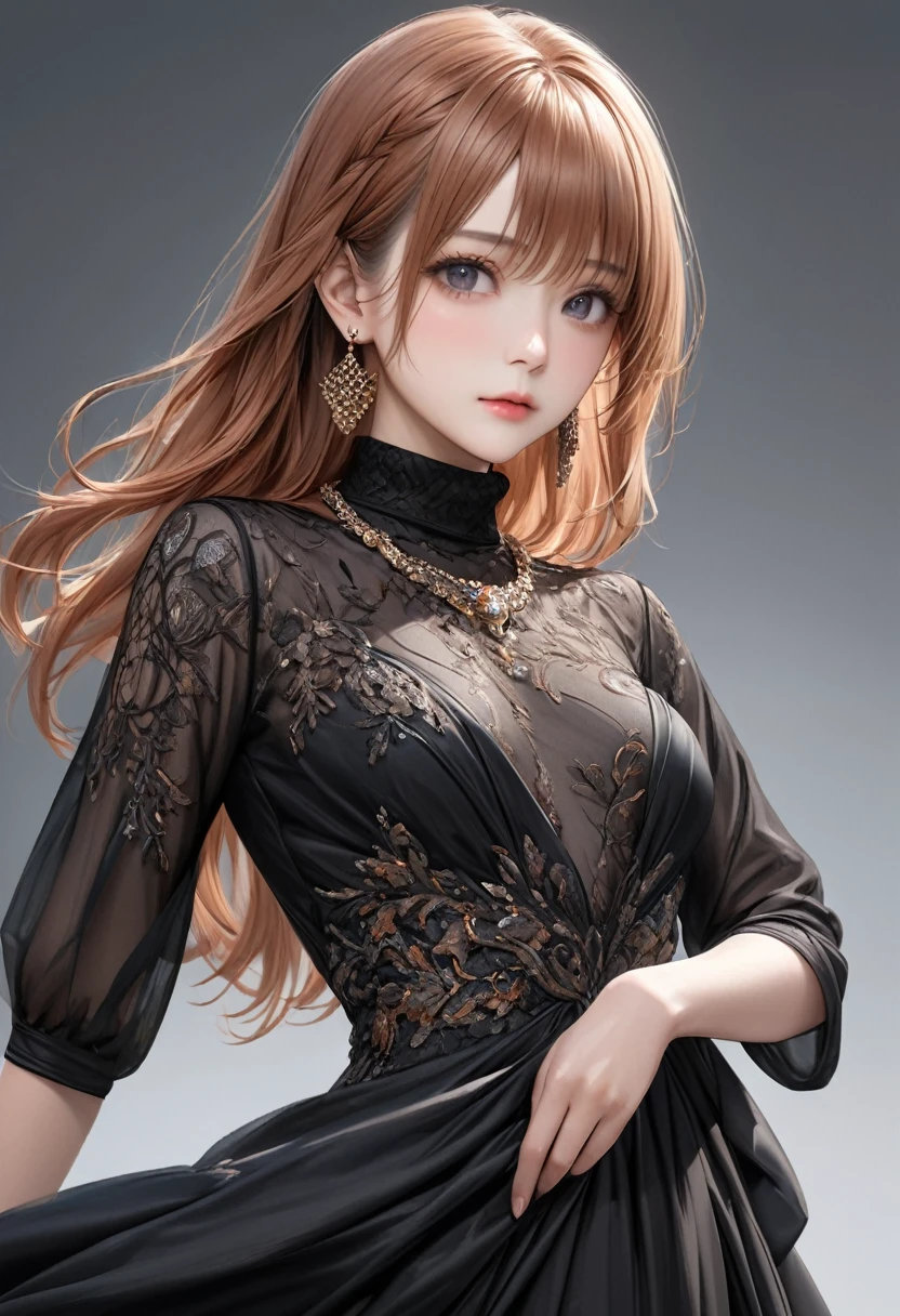 (masterpiece), (best quality medium shot), ultra realism, photorealistic, 1female, 30 year old woman, half-up half-down long straight copper-color hair, wearing black Haute_Couture designer dress with sleeve and turtleneck_style, necklace, earrings, small breastiled beautiful eyes, detailed gorgeous face, dynamic pose, intricate details,