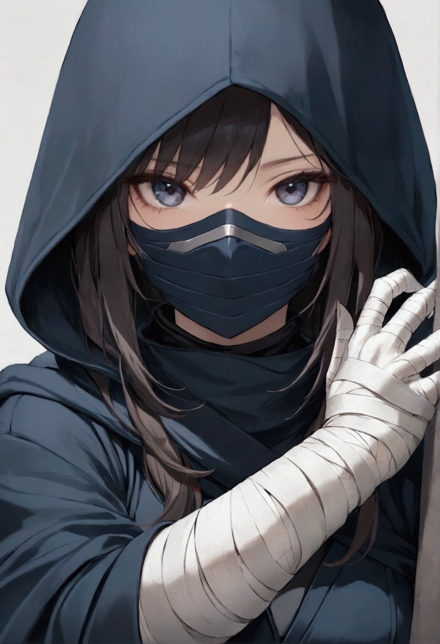 ninja woman, Ninja lasts, Dark blue suit, bandages on hands, hooded, Face mask