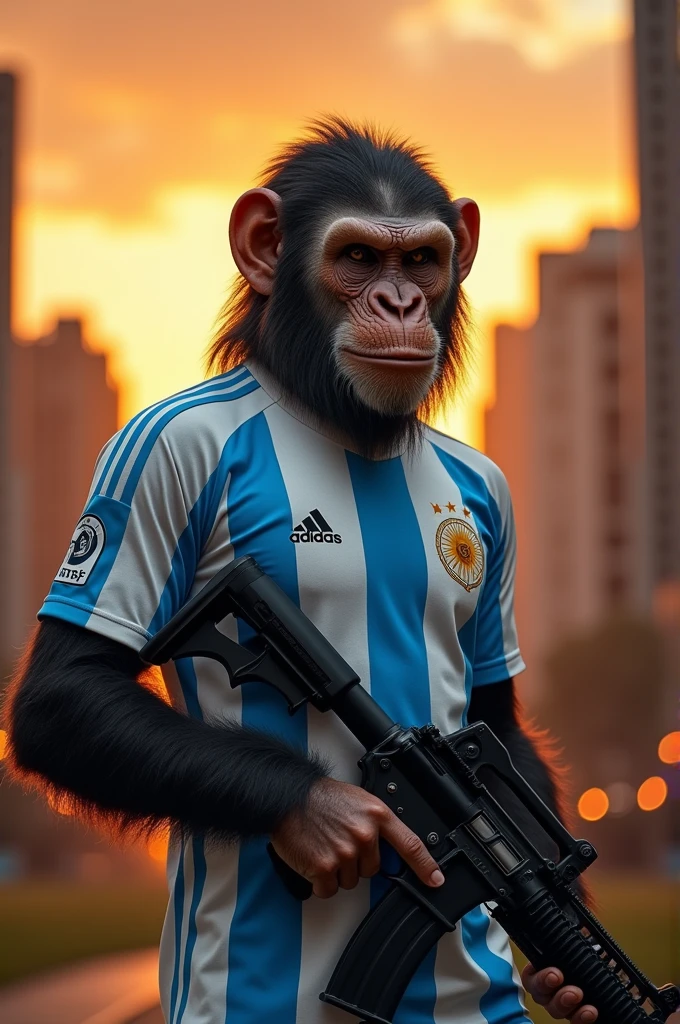 Caesar from Planet of the Apes with a gun and an Argentina national team shirt 

