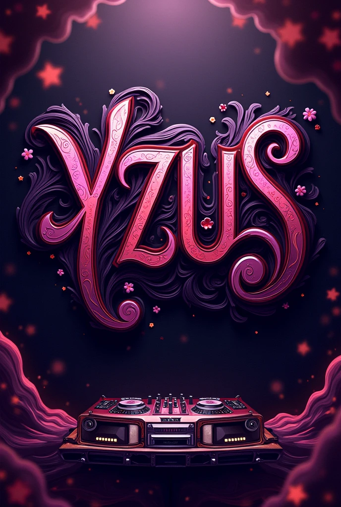 I want an image with the name YZUS but only with that name and that has to do with music production and that the image is extravagant
Without people and in purple, red and black
More exotic lettering