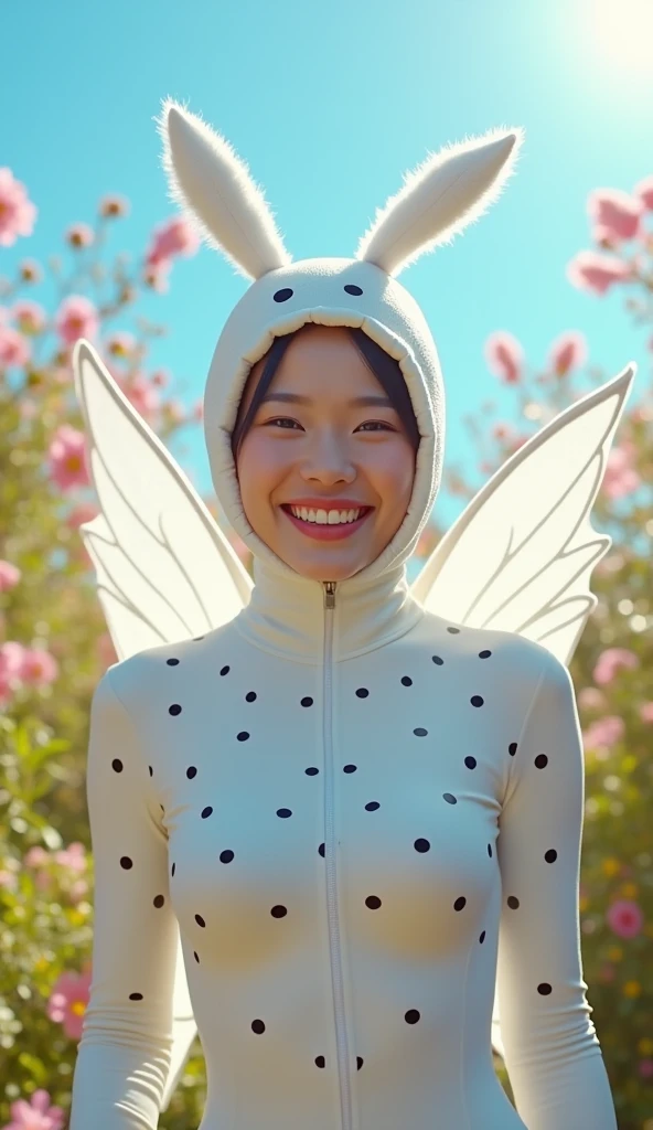 The beautiful asian adult girl with beautiful cheeks wears white beautiful butterfly lycra turtleneck unitard catsuit covered with a lot of black polkadots with a pair of wings.She wears lycra elastane dancewear hood that has long antennae.She is happy.