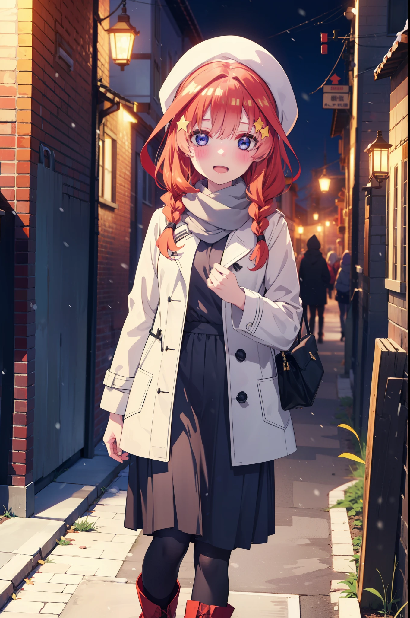 itsukinakano, Itsuki Nakano, bangs, blue eyes, Hair between the eyes, Ahoge, Redhead, star \(symbol\), hair ornaments, star hair ornaments,smile,Open your mouth,White Breath,blush,Long, thick braids,Knitted hat,White scarf,Red long coat,V-neck sweater,Black long skirt,Red pantyhose,short boots,snowが降っている,snowが積もっている,snow,snow,snow,snow,Walking,whole bodyがイラストに入るように,night,
break outdoors,Residential Street,
break looking at viewer, whole body,
break (masterpiece:1.2), Highest quality, High resolution, unity 8k wallpaper, (figure:0.8), (Beautiful attention to detail:1.6), Highly detailed face, Perfect lighting, Highly detailed CG, (Perfect hands, Perfect Anatomy),