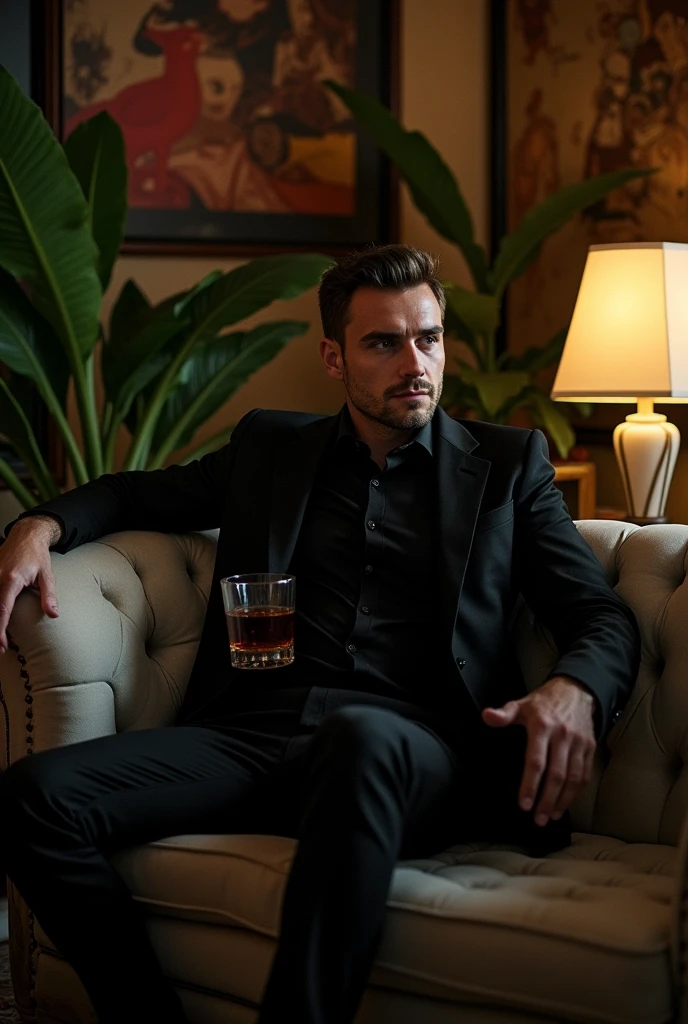 man, dressed in black, sitting on sofa