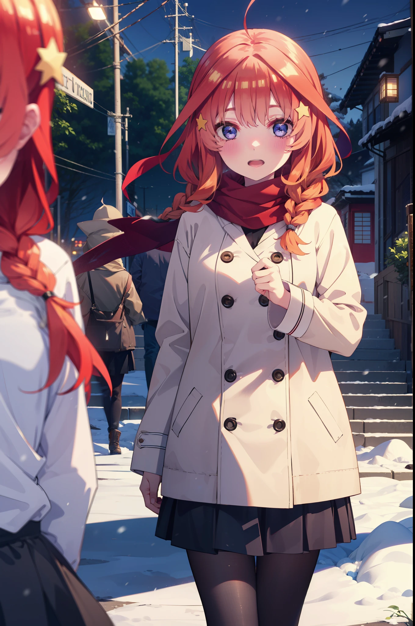 itsukinakano, Itsuki Nakano, bangs, blue eyes, Hair between the eyes, Ahoge, Redhead, star \(symbol\), hair ornaments, star hair ornaments,smile,Open your mouth,White Breath,blush,Long, thick braids,Knitted hat,White scarf,Red long coat,V-neck sweater,Black long skirt,Red pantyhose,short boots,snowが降っている,snowが積もっている,snow,snow,snow,snow,Walking,whole bodyがイラストに入るように,night,
break outdoors,Residential Street,
break looking at viewer, whole body,
break (masterpiece:1.2), Highest quality, High resolution, unity 8k wallpaper, (figure:0.8), (Beautiful attention to detail:1.6), Highly detailed face, Perfect lighting, Highly detailed CG, (Perfect hands, Perfect Anatomy),