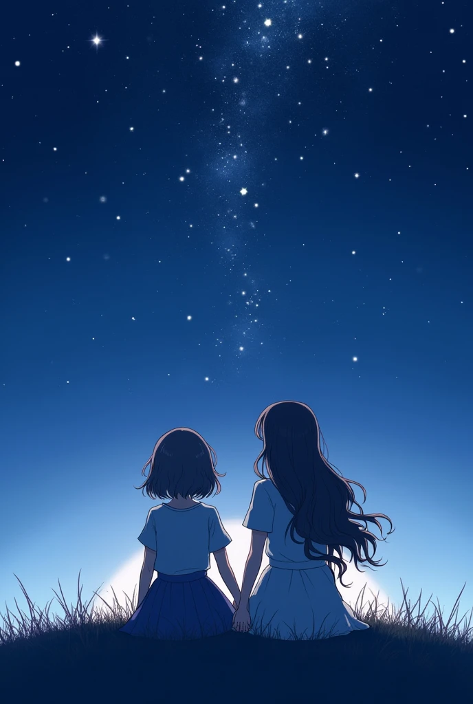 Draw two women with their backs to the viewer, looking up at the night sky, Una de ellas bajita con el pelo no tan corto muy Wavy, and the other with hair down to her waist, Wavy. I want the drawing to be in a cute anime style and for them to be sitting holding hands.. I want them looking forward, not to the sides or any other direction. I don't want to see their faces.