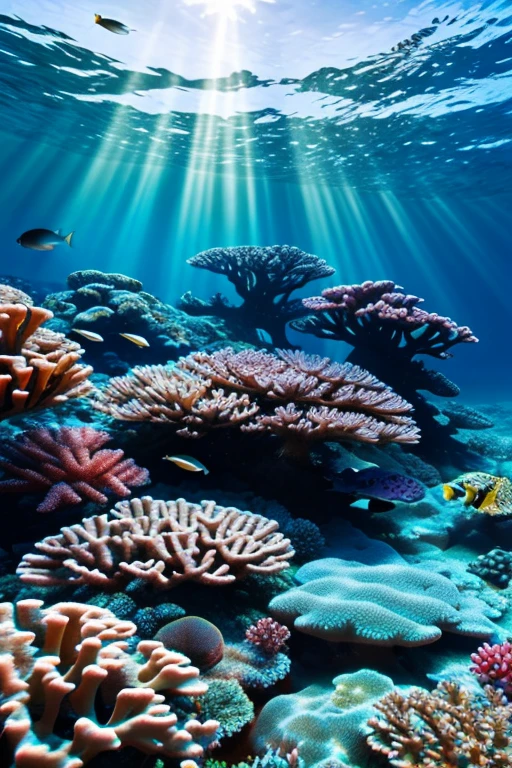 Coral Reef, Underwater seascape, Crystal clear seawater, Sunlight sparkling on the waves, School of tropical fish, Vibrant marine life, Calm and tranquil underwater environment, Ultra-realistic, 8k, Realistic, Cinema Lighting, Stunning colors, masterpiece