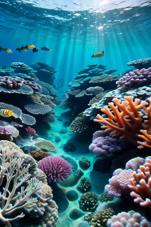 Coral Reef, Underwater seascape, Crystal clear seawater, Sunlight sparkling on the waves, School of tropical fish, Vibrant marine life, Calm and tranquil underwater environment, Ultra-realistic, 8k, Realistic, Cinema Lighting, Stunning colors, masterpiece