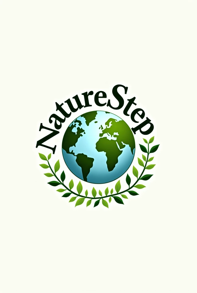 Logo of a brand called NatureStep, with the name "NatureStep" round writing around planet Earth with leaves drawn falling.