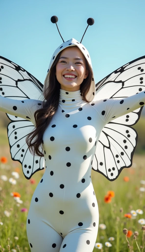 The beautiful asian adult girl with beautiful cheeks wears white beautiful butterfly lycra turtleneck unitard catsuit covered with a lot of black polkadots with a pair of wings.She wears lycra elastane dancewear hood that has long antennae.She is happy.