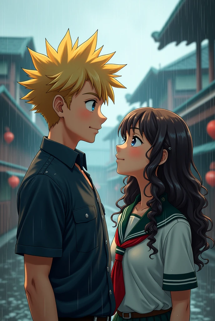 Wet Bakugou Katsuki, not as angry, standing next to a girl with curly hair, both older, in Yuei uniforms.