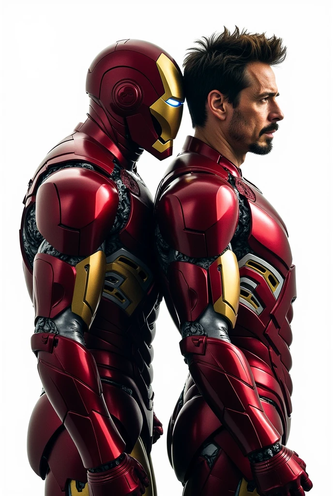 Tony Stark and Iron Man bumping backs in profile, drawing with a white background