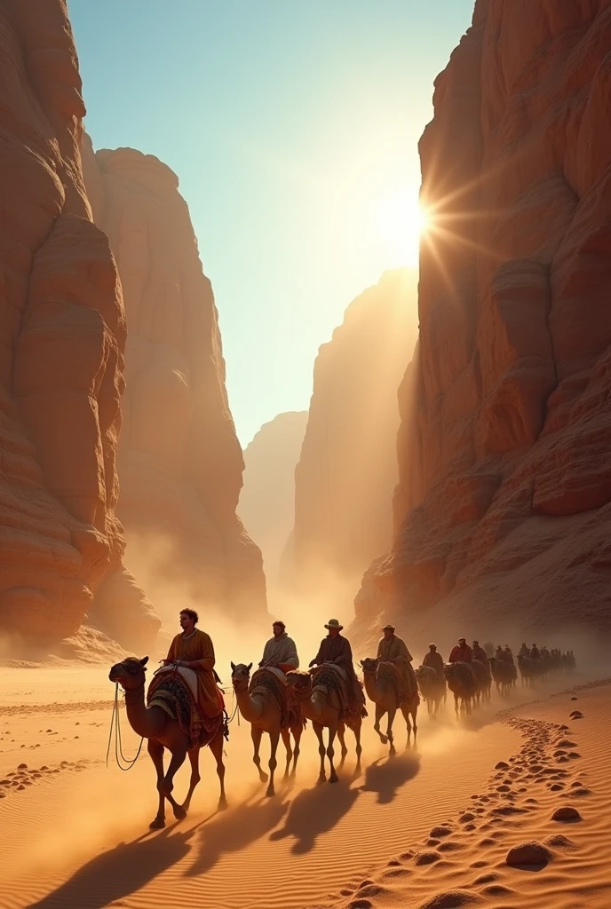 On the Silk Road, a camel caravan is crossing the desert, and the towering sandstone canyons and golden sunshine are filtered from it. Far in the middle, surrounded by towering sandstone canyons, golden light shines through them. The sun is shining, creating an atmosphere full of mystery and grandeur. Big picture. This scene captures the epic adventure atmosphere, and pays close attention to the fur texture on the camel's back and the rotating dust in the air. Camels and crowds contrast with the surrounding environment, which looks small, the characters are small and the world is vast, creating an atmosphere reminiscent of medieval fantasy. The style of dune concept art, 509 visual effect, exquisite golden detail style, dynamic light and shadow art, high quality, high detail, photographic sense and film style