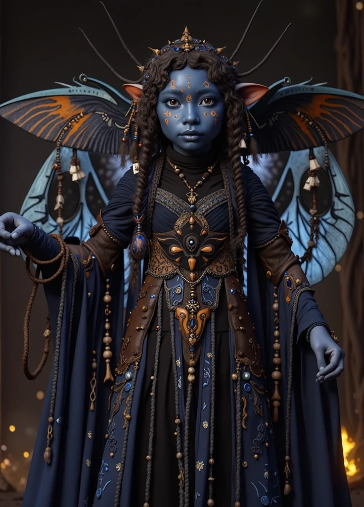 Dousan, gelfling, dark blue and orange beaded robes decorated with jewels and bones, short curly hair with long decorated braids, desert, dark blue skin with light swirling face paint, insect wings coming from back of shoulders, full body