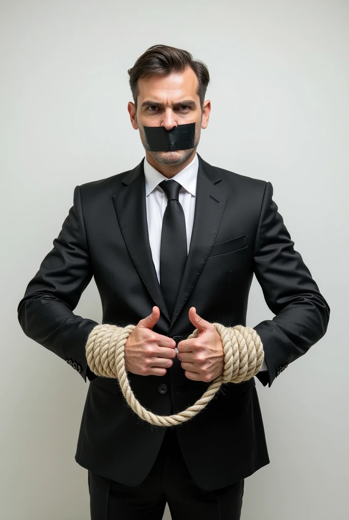 A man in an executive suit, annoyed, with his mouth covered with tape, his hands tied, gesturing negativity with a rope, indicating a lack of freedom against a plain background.