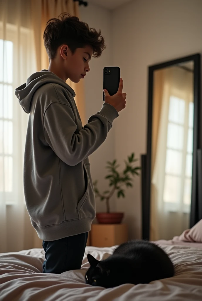 15 year old boy, in an oversized style and taking a photo in the mirror with an iphone, without showing the face, smooth black fur