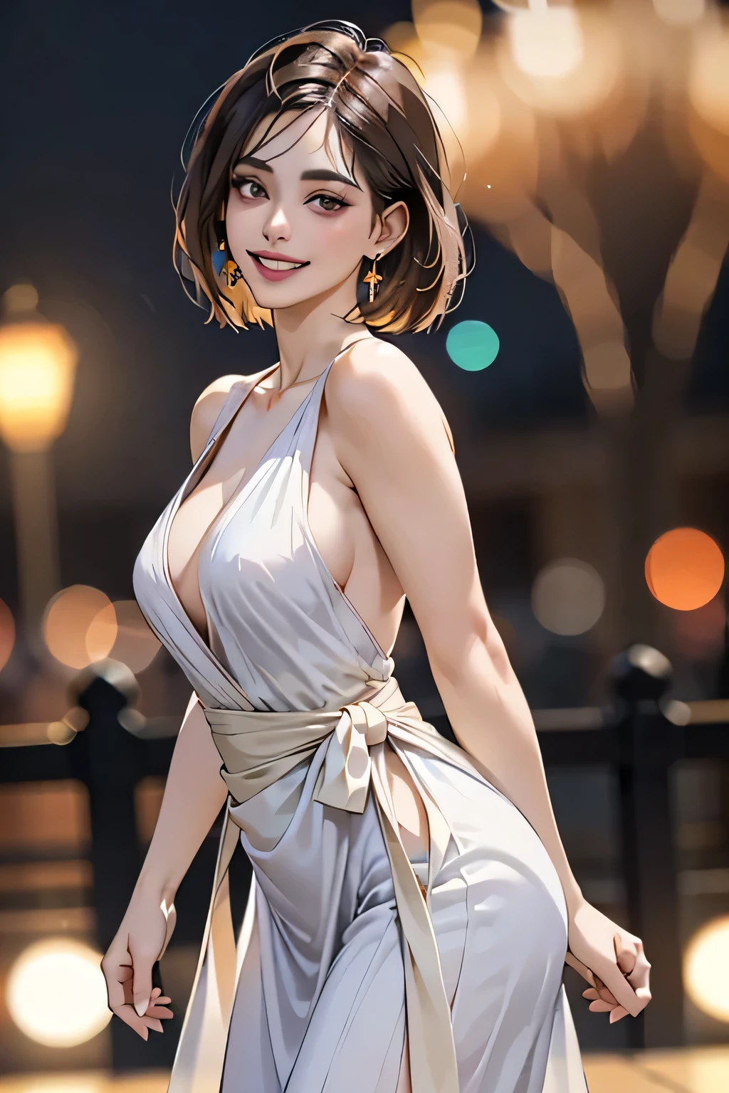 ((1 Ultimate Beauty)), alone,middle aged,fine grain,Detailed Lip,fine grain,double eyelid,Beautiful Teeth,
Glossy bob hair,
(Cowboy Shot),
(Grin),
(Pale yellow wrap maxi dress),Earrings,
Big Breasts,
Long eyelashes,
(eye shadow),
break
(4K wallpaper),((masterpiece)),(Realistic),(フォトRealistic),(High resolution),((Bokeh,night):1.37)