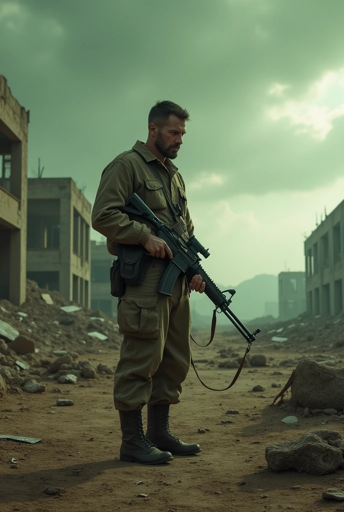 A soldier surviving a nuclear apocalypse with a rifle in the radioactive wasteland