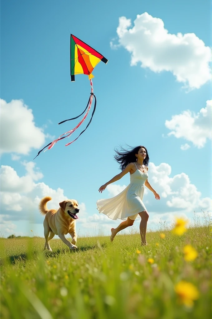 A black-haired white woman flying a kite with her golden labrador retriever