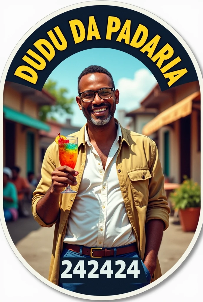 Create a photo of a WHITE MAN with a drink in his hand with the name IN THE IMAGE DUDU DA PADARIA. and the number 242424 round image to turn into a political sticker