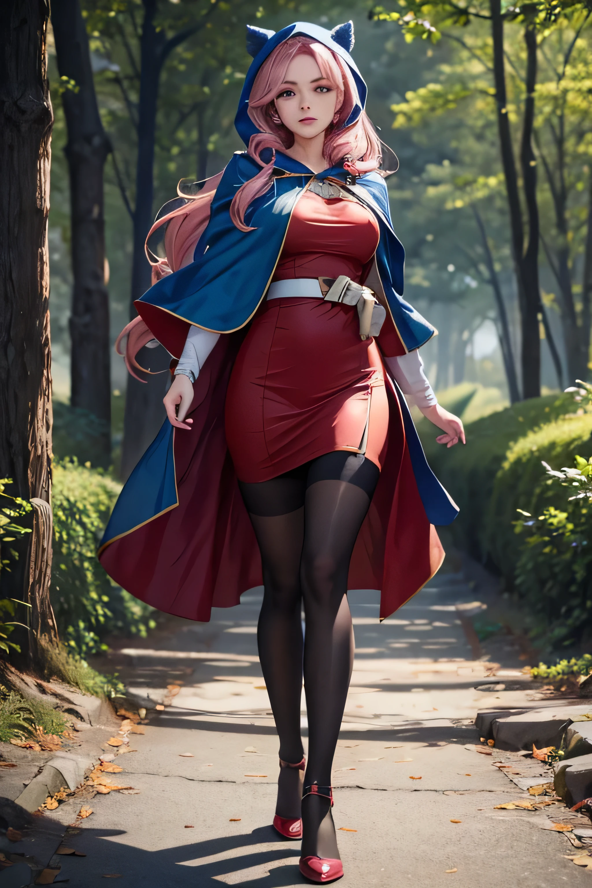 masterpiece, 8k, photorealistic, cinematic lighting, high resolution, top quality, intricate details, sharp focus, digital anime illustration, hyper realistic, full body, 19 year old girl, solo, Pink hair, long hair, wavy hair, BREAK (Green eye), beautiful eyes, BREAK (red dress), BREAK blue cape with hoodie, (pantyhose), sexy pose, background forest